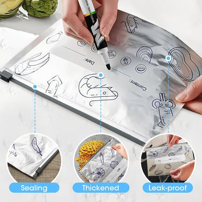 (30pcs )Reusable Aluminum Foil Sealable Storage Bags, 2026 New Resealable Vacuum Zipper Pouches for Food, Stand Up Foil Sealable Bags with Label and Zip Lock for Vegetable Fruit Meat