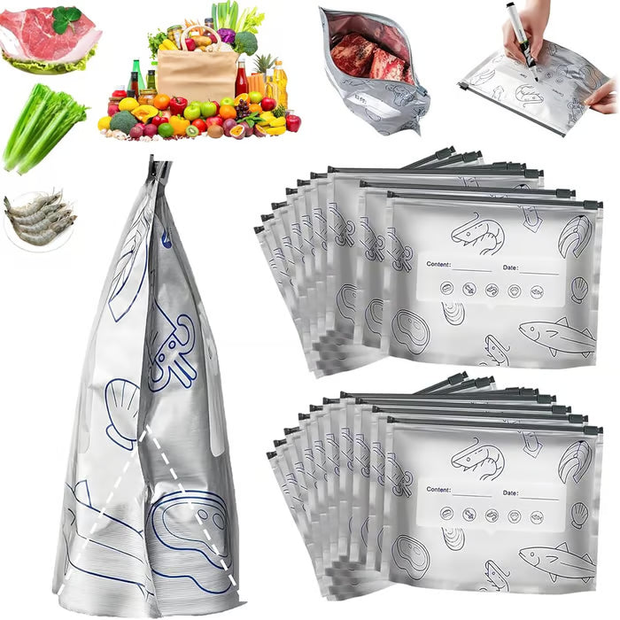 (30pcs )Reusable Aluminum Foil Sealable Storage Bags, 2026 New Resealable Vacuum Zipper Pouches for Food, Stand Up Foil Sealable Bags with Label and Zip Lock for Vegetable Fruit Meat